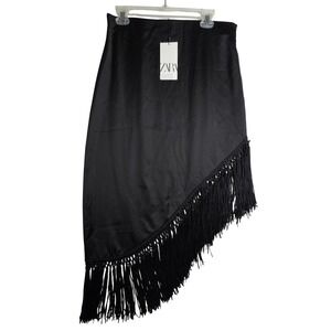Zara Skirt NWT SzL Black Fringe Hem Asymmetrical Midi Party Cocktail Sexy Glam